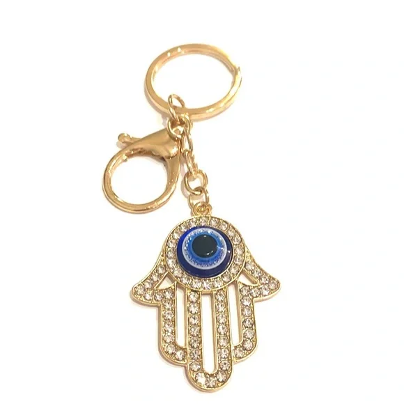 Gold Tone Hamsa Hand With Evil Eye Keychain Purse Charm - Picture 2 of 2